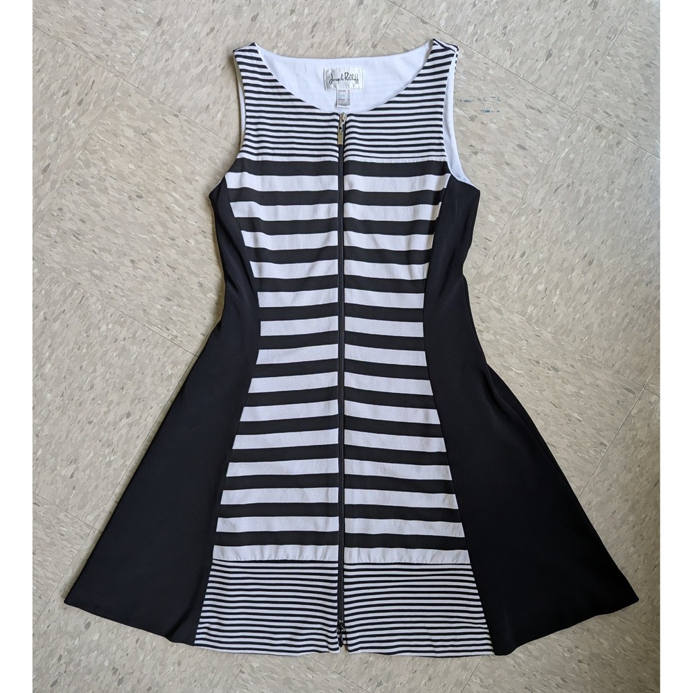 Joseph Ribkoff Black White Striped Front Zip Fit Flare Dress 41913 Womens 10